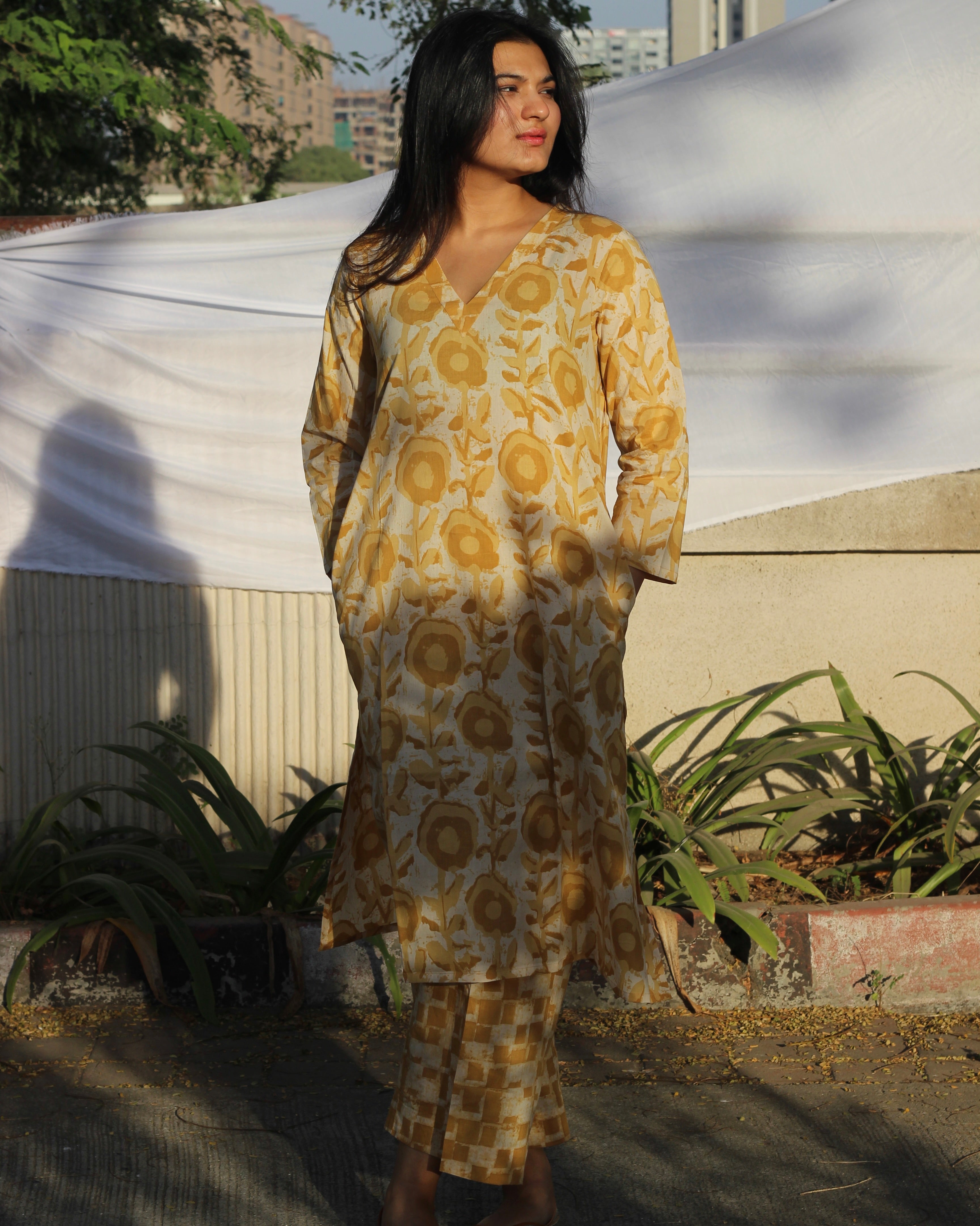 Printed pure cotton kurta and pant in ochre yellow