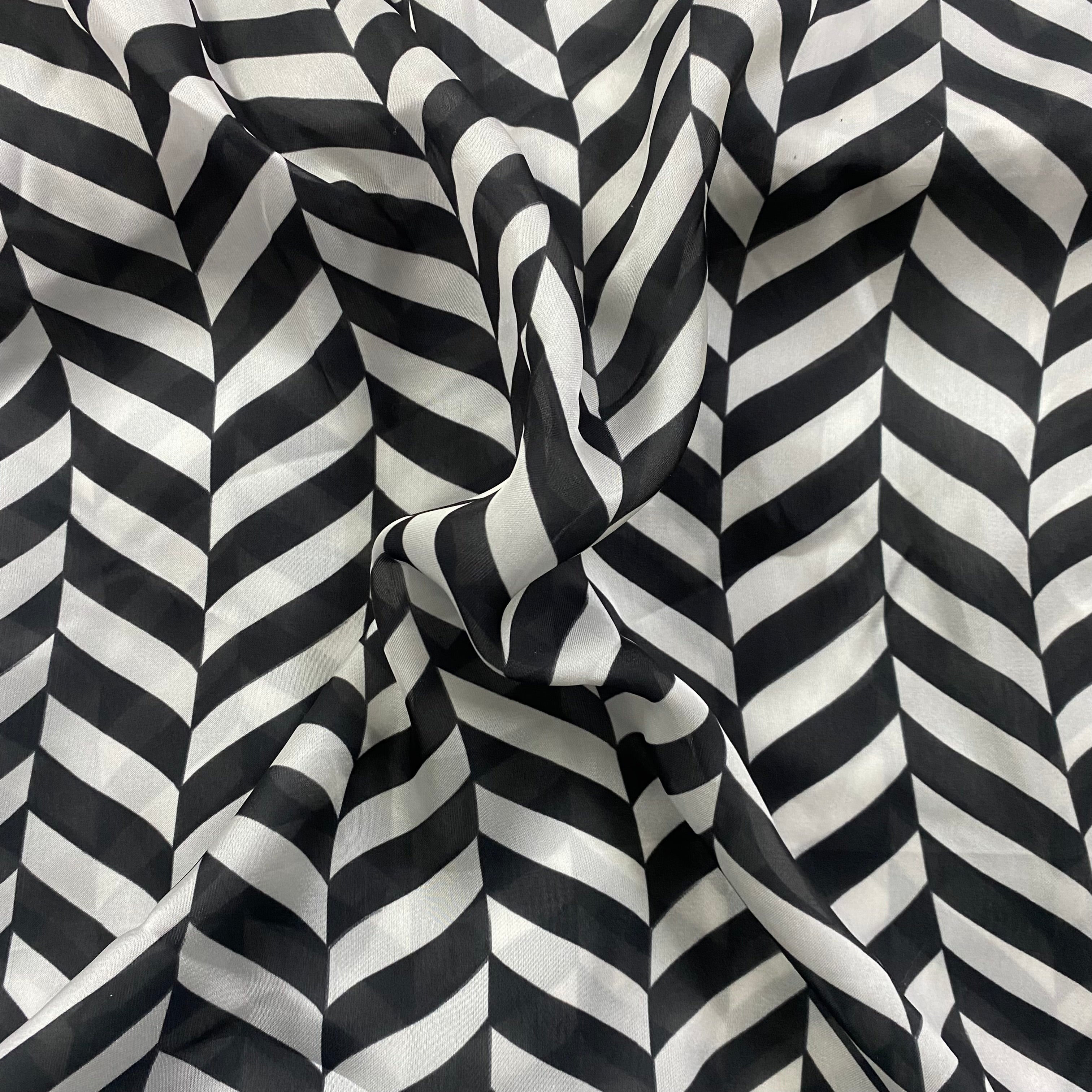 Black & white contrast abstract print on georgette satin fabric per meter