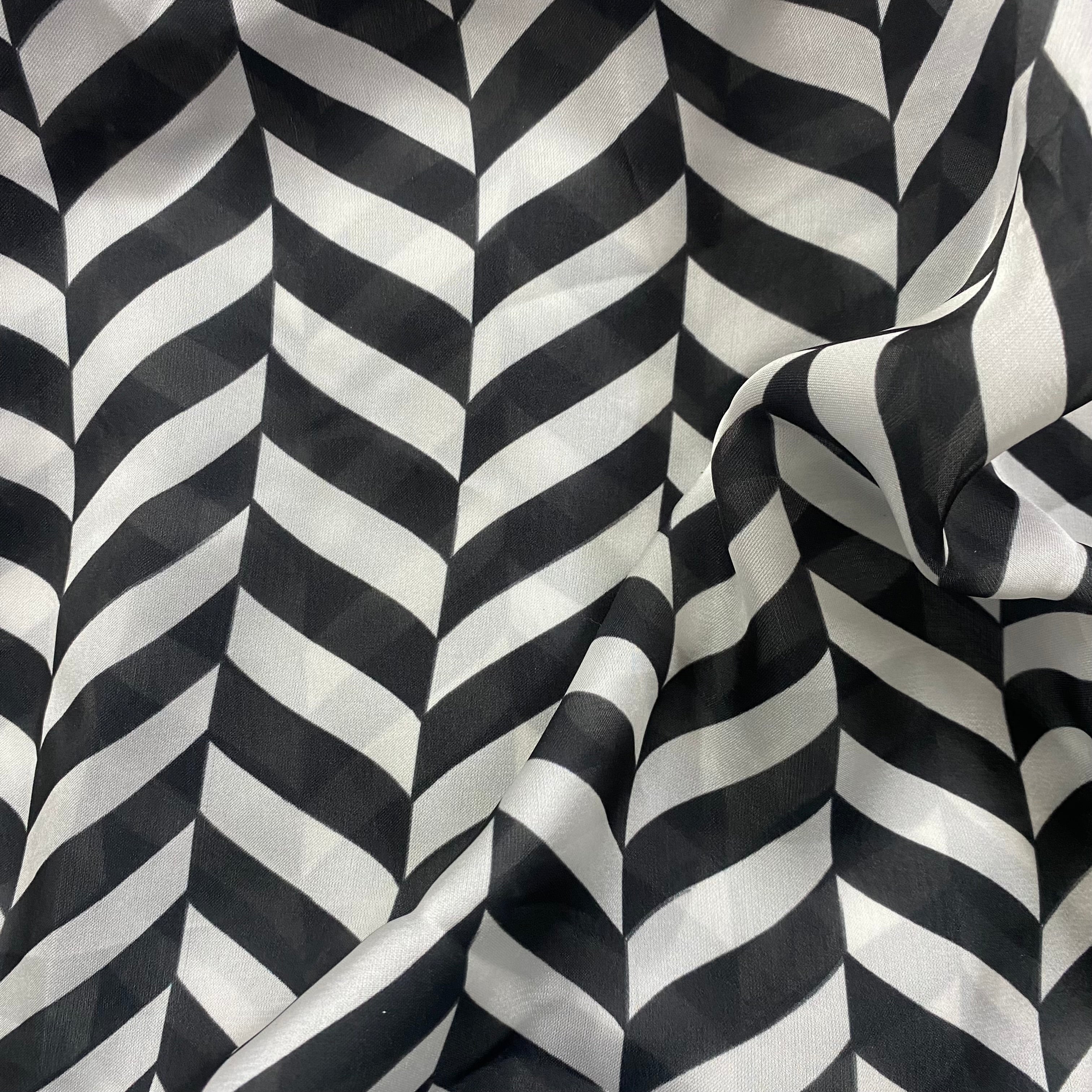Black & white contrast abstract print on georgette satin fabric per meter