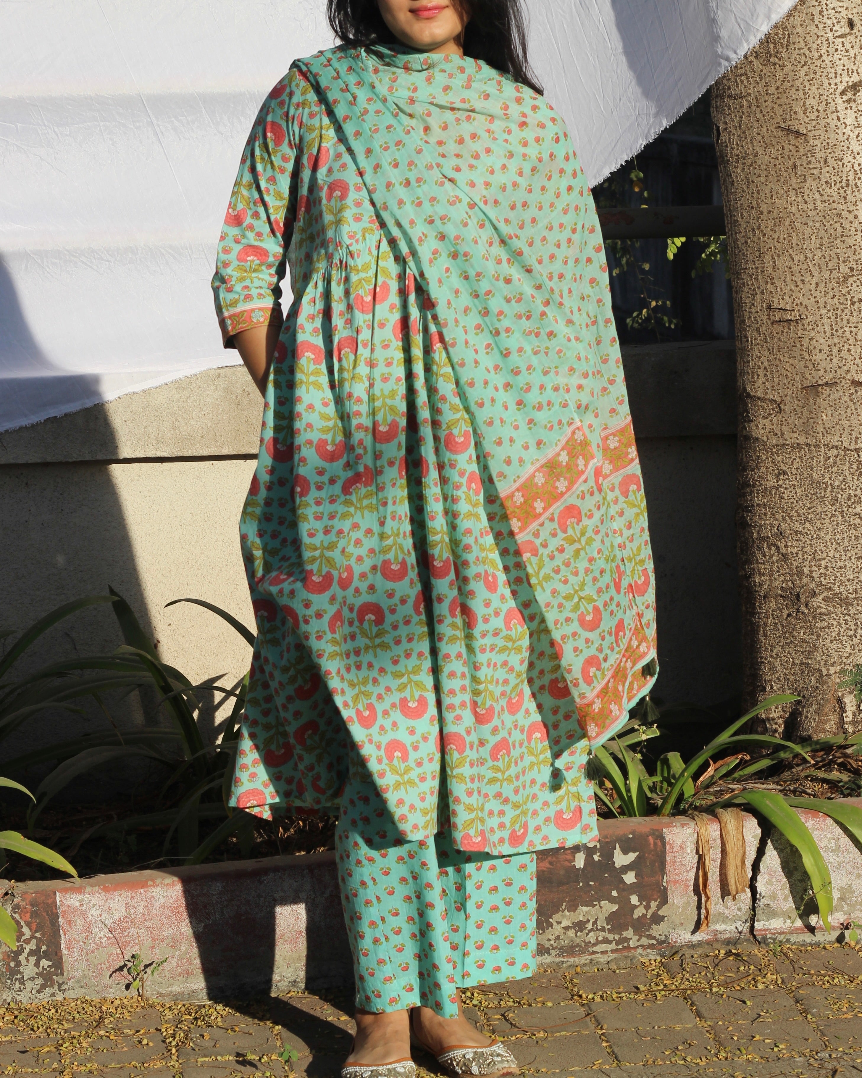 Contrasting colors of light blue , pink and light green pure cotton ensemble 