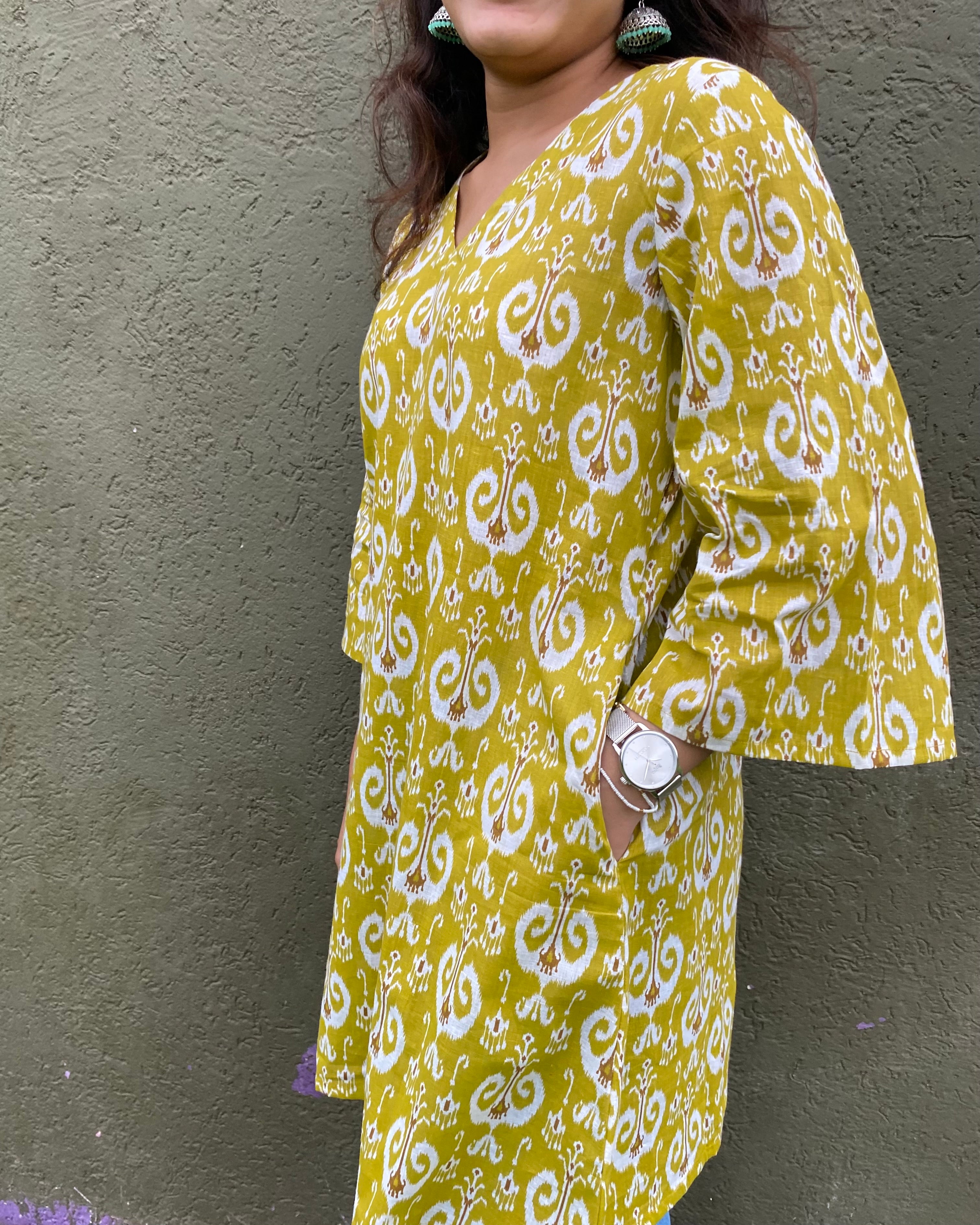 Yellow Ikkat Print Kurta with Pockets _7