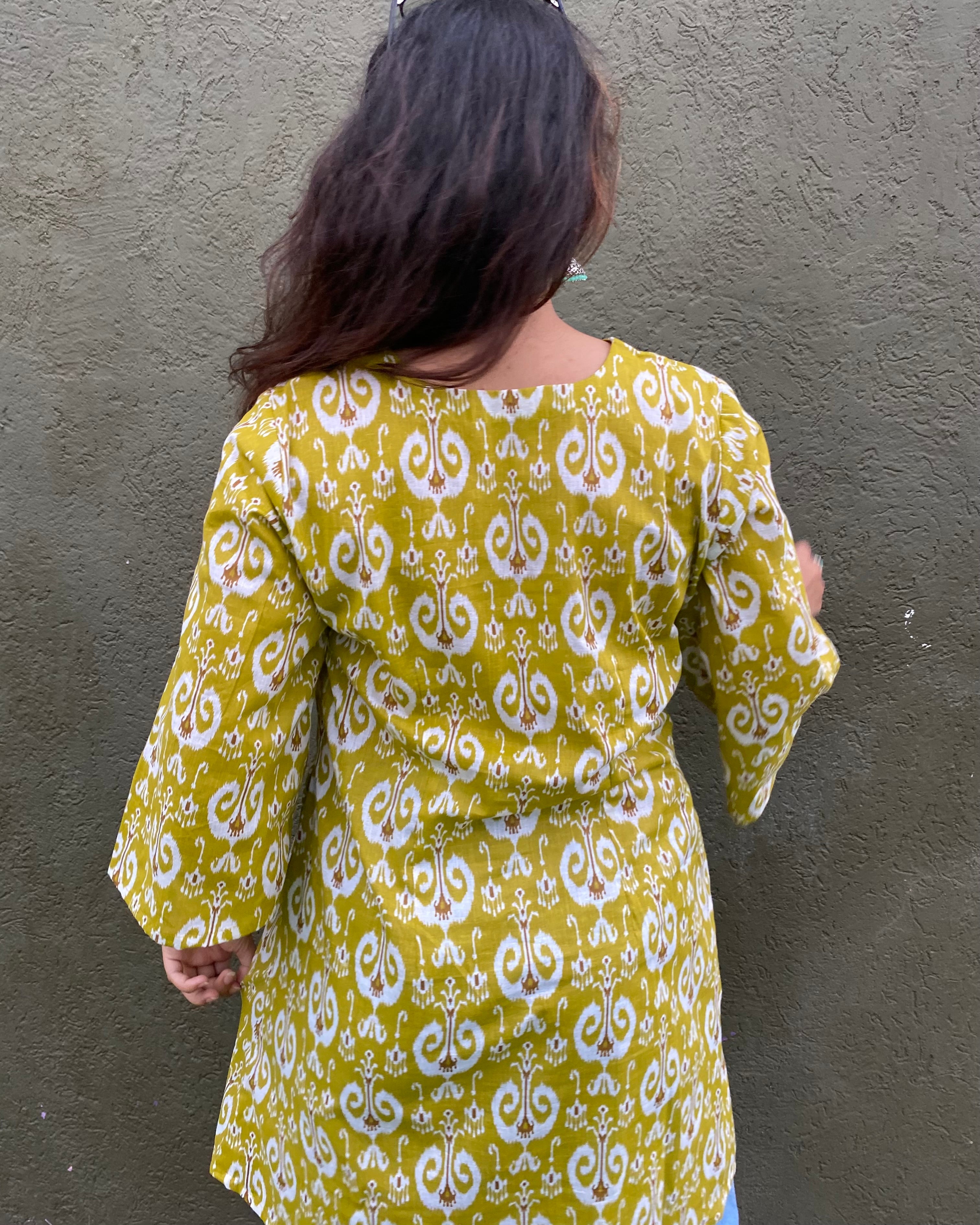 Yellow Ikkat Print Kurta with Pockets _8