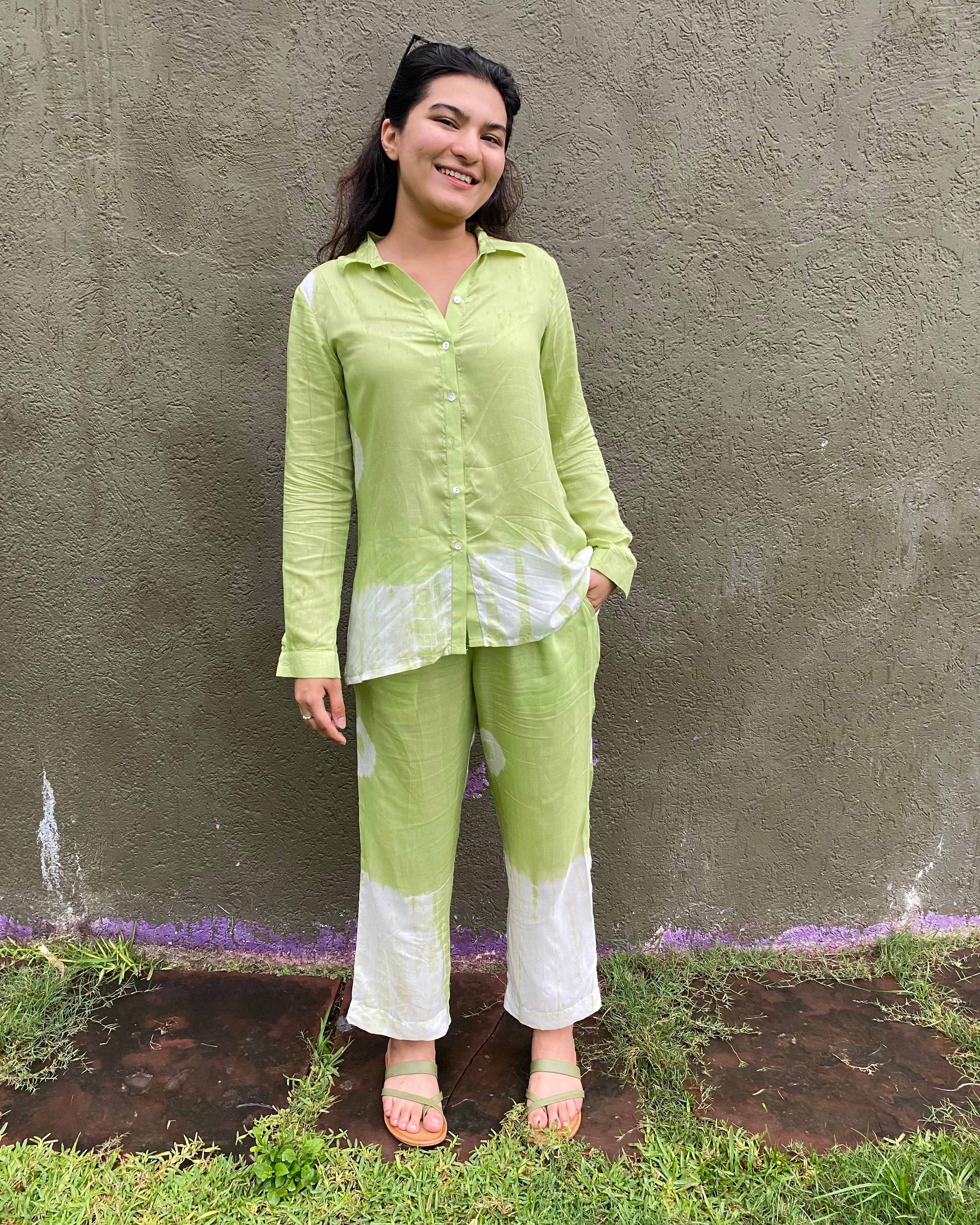 Light Green and White Tie-Dye Co-ord Set with Modern Bandhani & Shibori Print | Indiefab_5