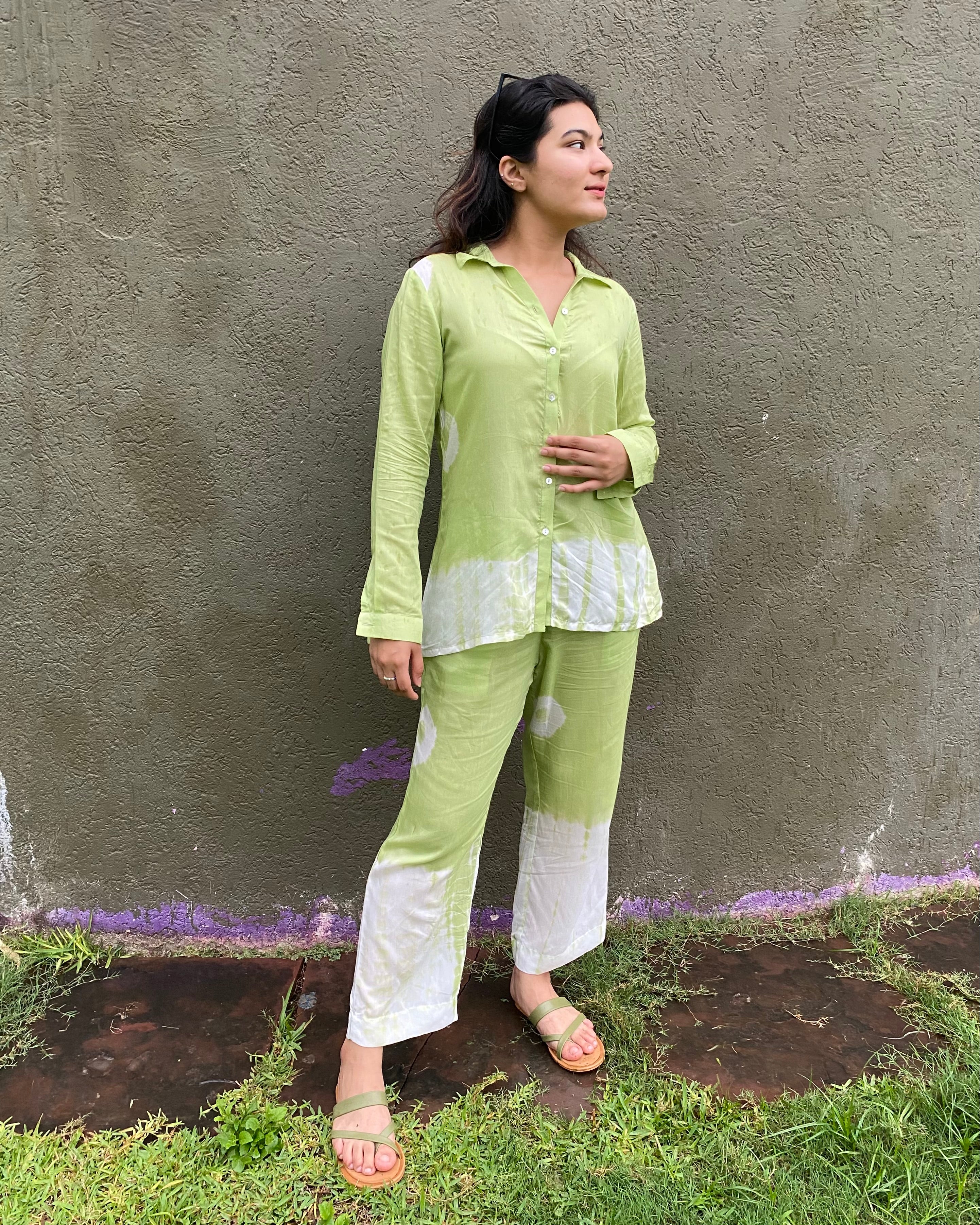 Light Green and White Tie-Dye Co-ord Set with Modern Bandhani & Shibori Print | Indiefab_1