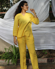 Pure linen co-ord set in sunny yellow shade