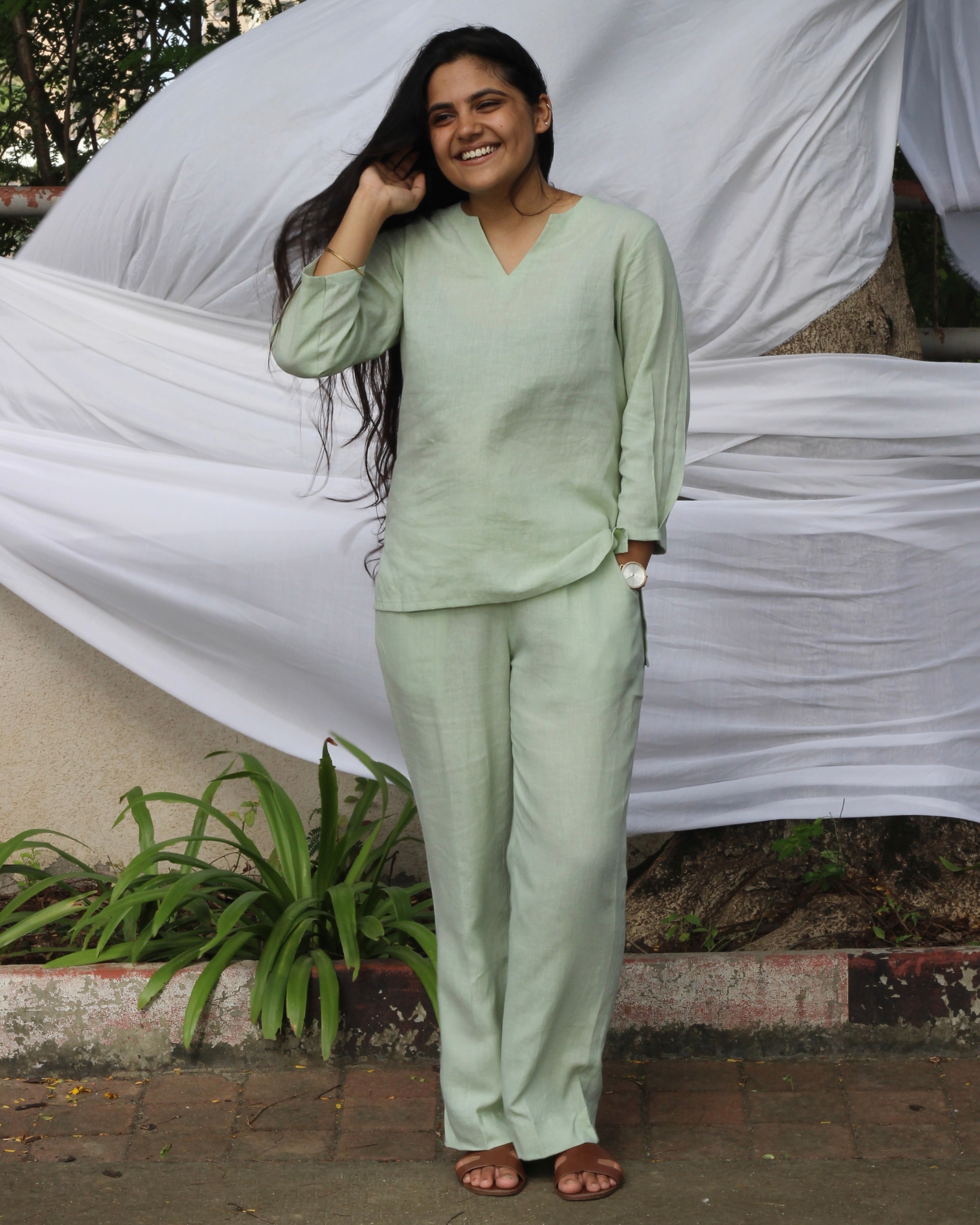 Pista Green Linen Blend Co-ord Set with Satin Finish