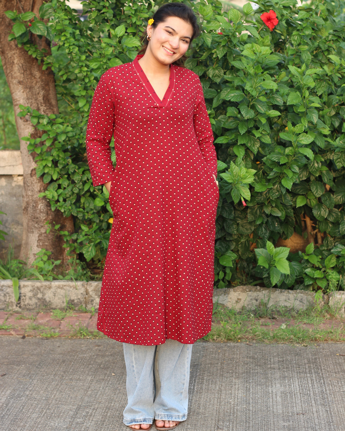 Ajrakh long kurta with neck & pocket detail | Indiefab
