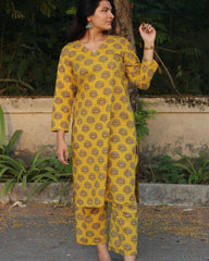 Yellow and Blue Cotton Kurta Pant Co-ord Set with Floral Print | Indiefab_4