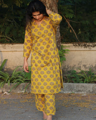 Yellow and Blue Cotton Kurta Pant Co-ord Set with Floral Print | Indiefab_1