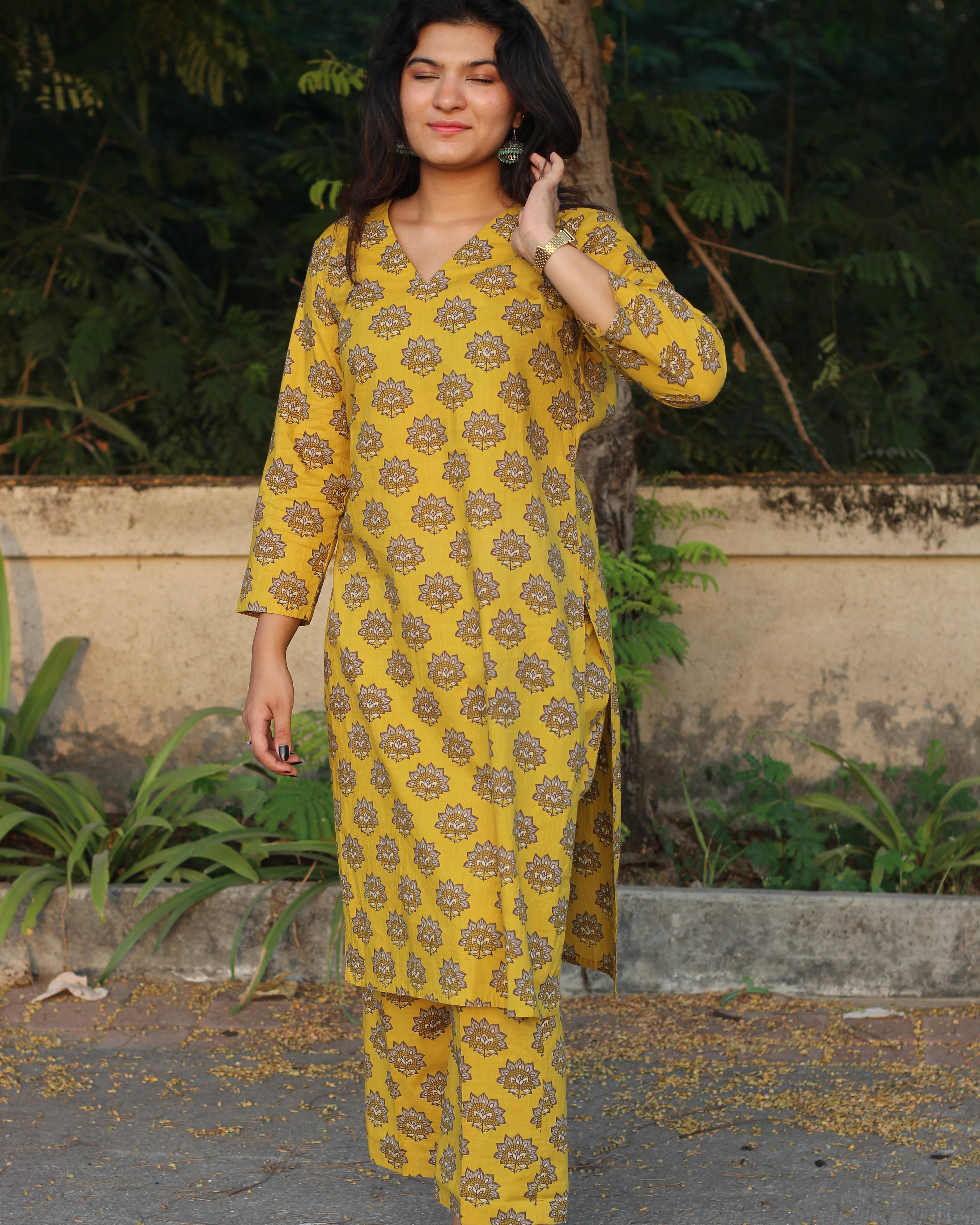 Yellow and Blue Cotton Kurta Pant Co-ord Set with Floral Print | Indiefab_3