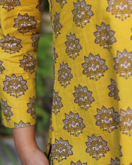 Yellow and Blue Cotton Kurta Pant Co-ord Set with Floral Print | Indiefab_6