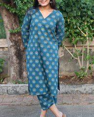 Yellow and Blue Cotton Kurta Pant Co-ord Set with Floral Print | Indiefab_7