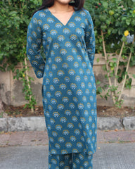 Yellow and Blue Cotton Kurta Pant Co-ord Set with Floral Print | Indiefab_5