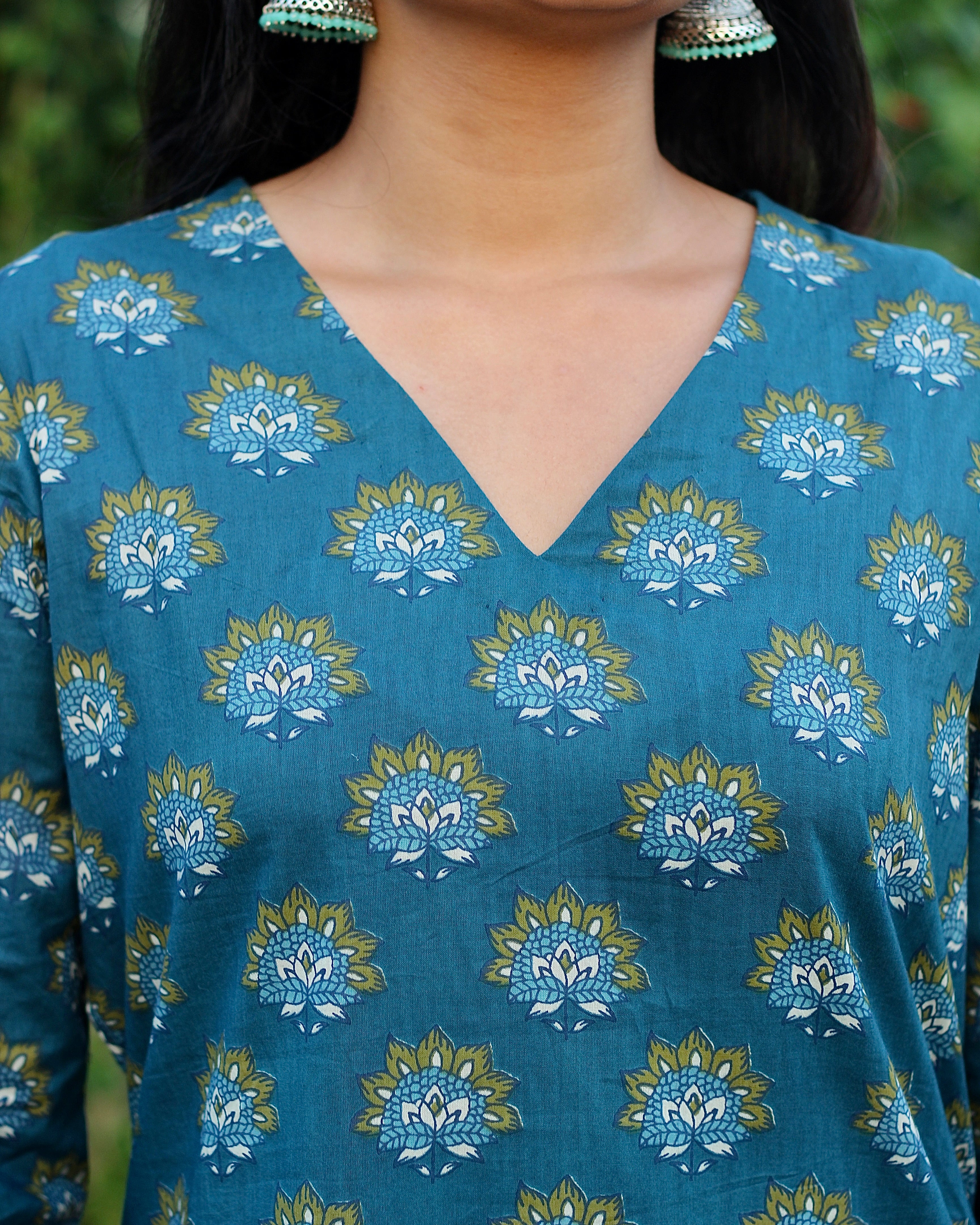 Yellow and Blue Cotton Kurta Pant Co-ord Set with Floral Print | Indiefab_8