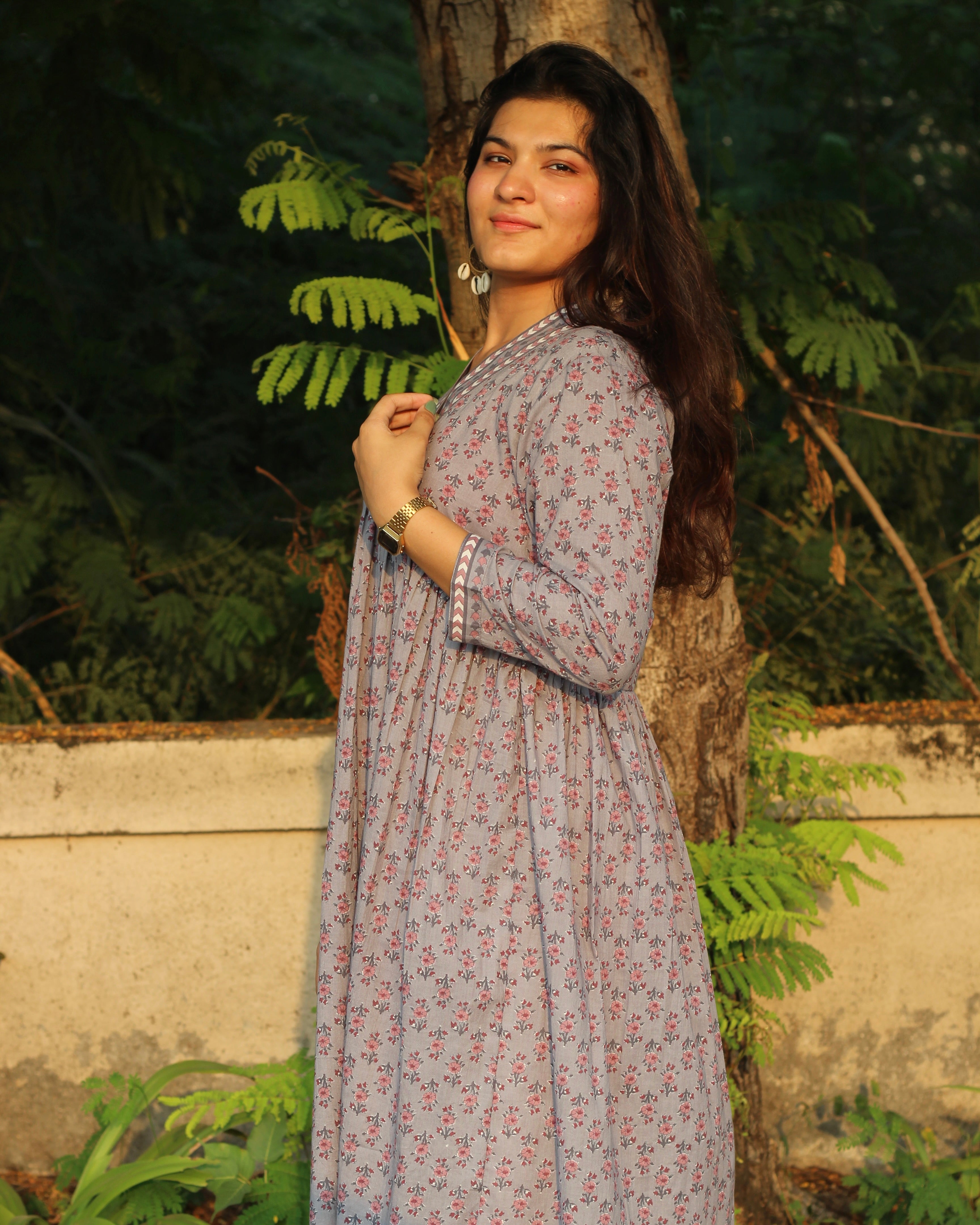 Pure cotton long floral dress in lilac/light green with delicate florals, Alia cut neckline, and bordered sleeves, versatile for summer wear