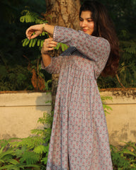 Pure cotton long floral dress in lilac/light green with delicate florals, Alia cut neckline, and bordered sleeves, versatile for summer wear