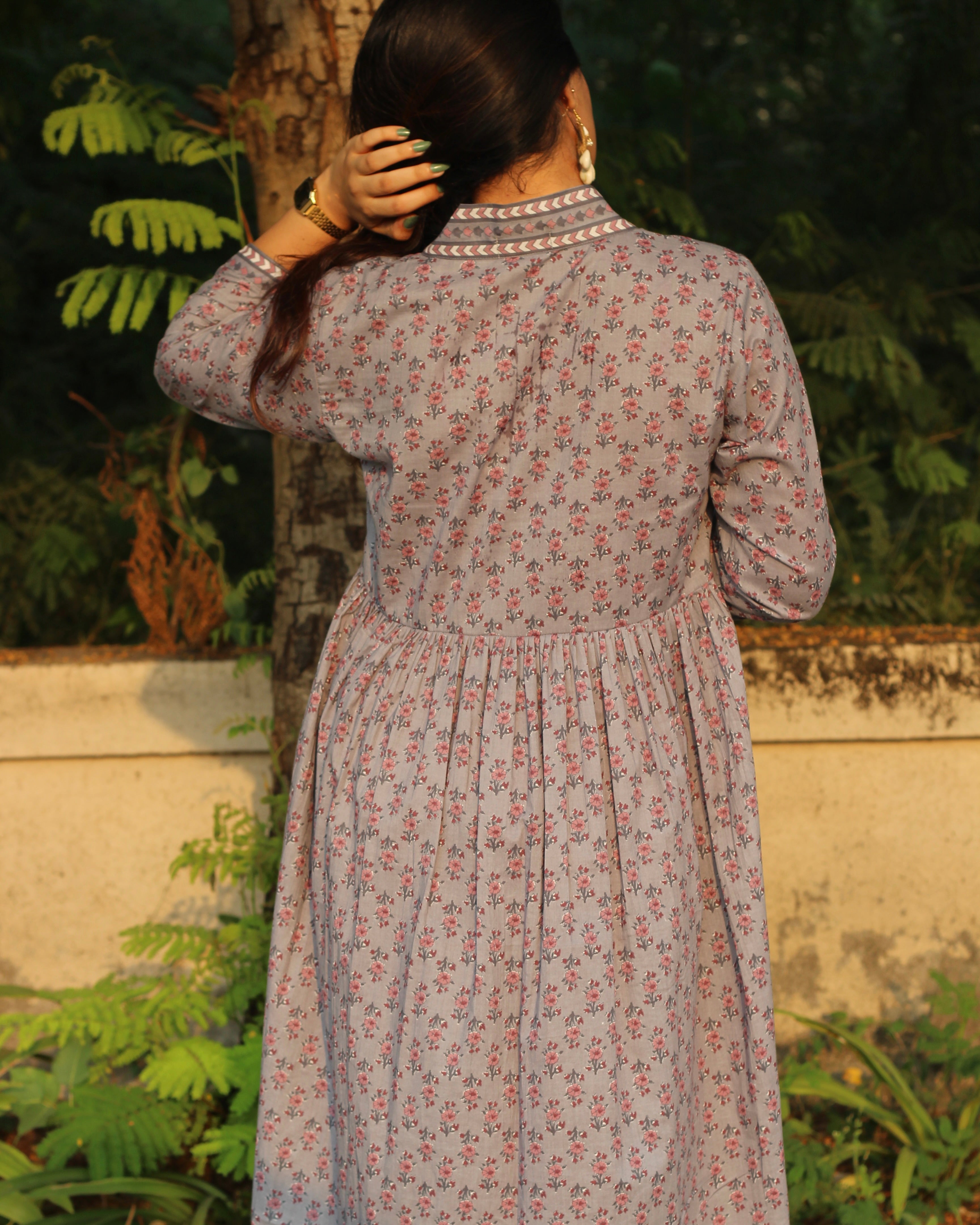 Pure cotton long floral dress in lilac/light green with delicate florals, Alia cut neckline, and bordered sleeves, versatile for summer wear