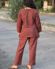 Back of linen co-ord in coffee shade