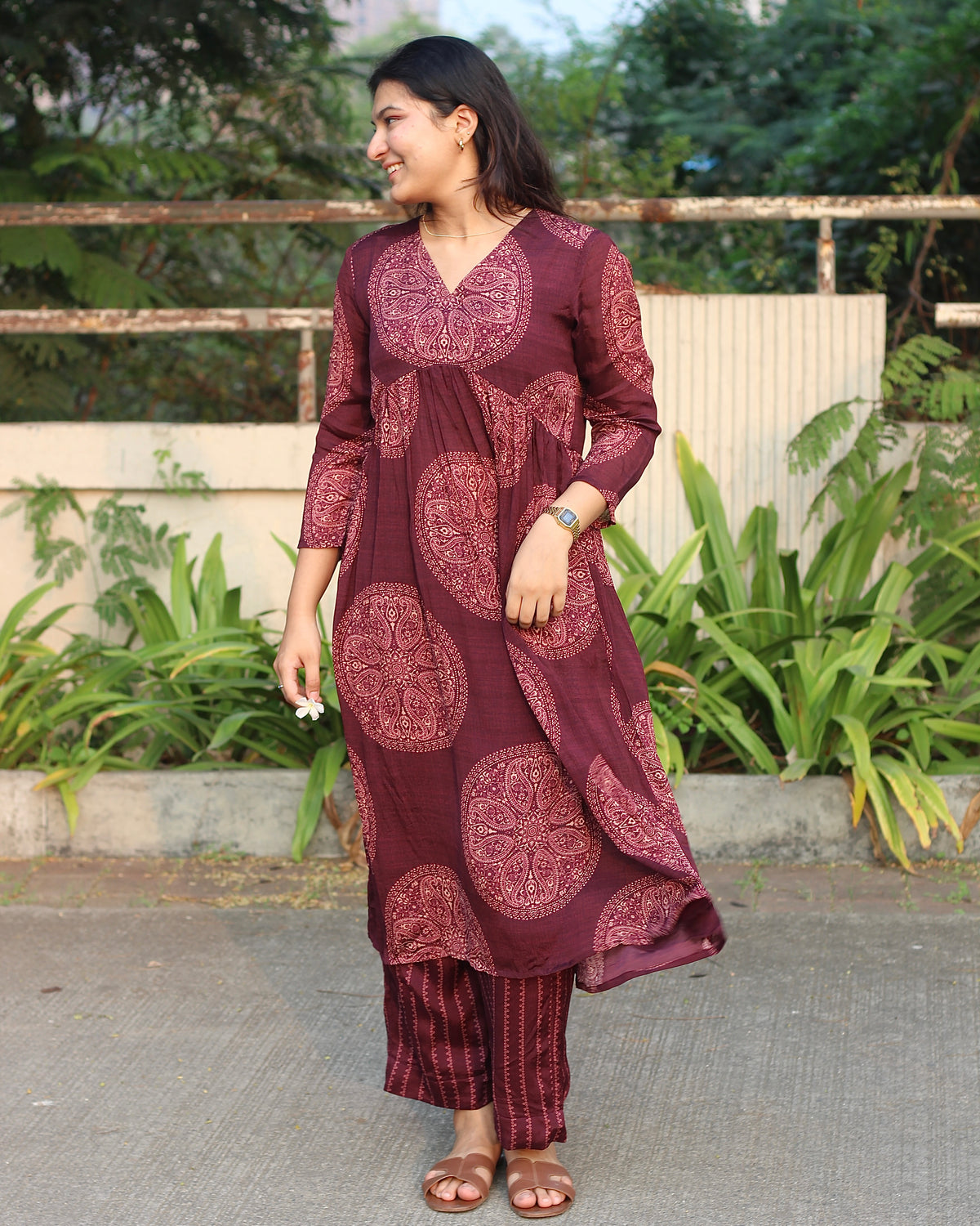 Alia Cut Pure Chinon Kurta Pant Set in maroon with bold circular print on top and striped bottoms, showcasing rich comfort and style_1