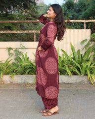 Deep maroon Alia cut Chinon kurta with Ajrakh print and contrasting striped pants_4