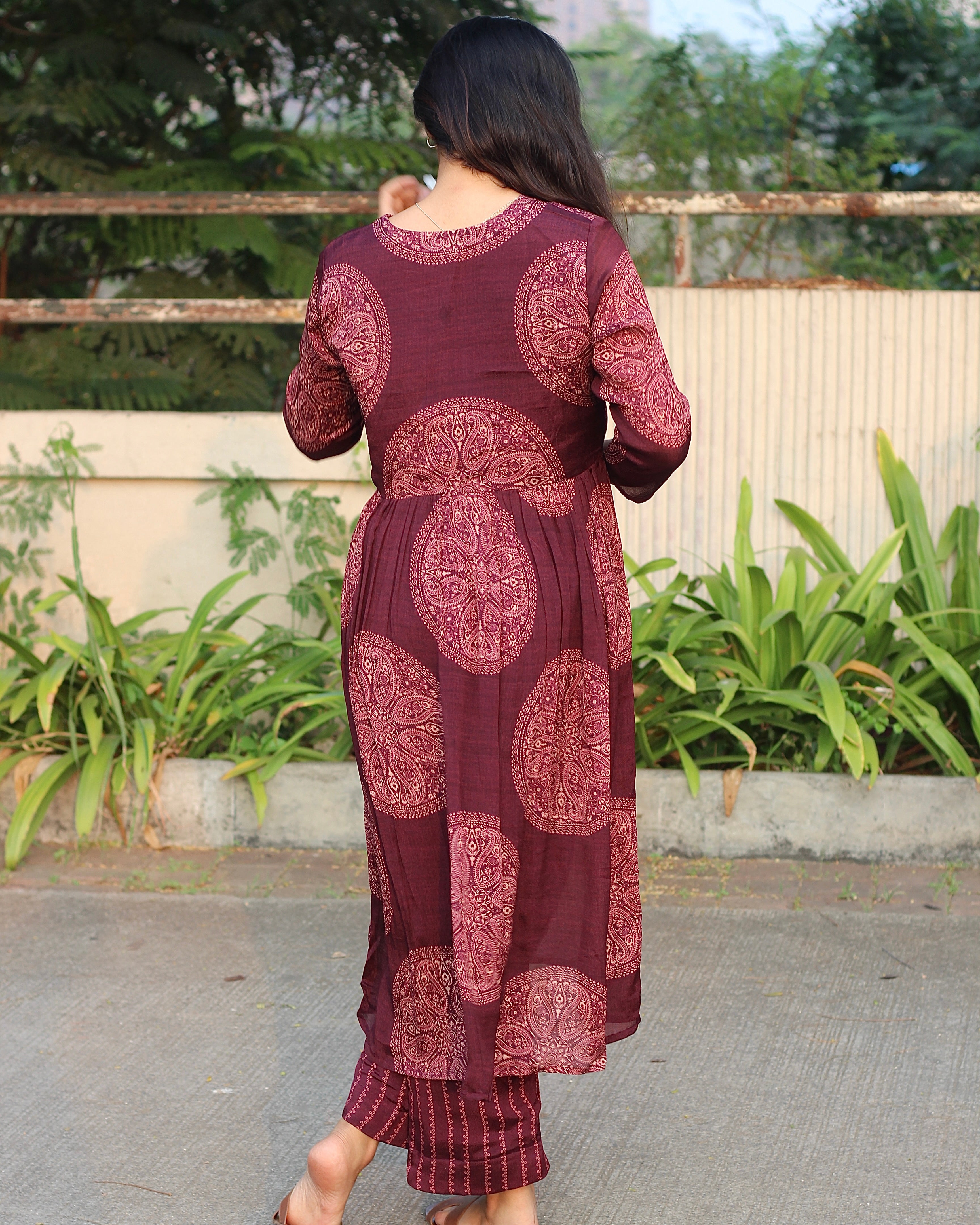 Deep maroon Alia cut Chinon kurta with Ajrakh print and contrasting striped pants_6