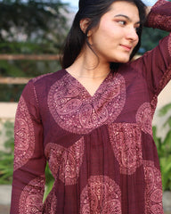 Deep maroon Alia cut Chinon kurta with Ajrakh print and contrasting striped pants_3