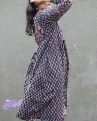 Printed Black Pure Cotton Kurta featuring V-neck and 3/4 sleeves, crafted with three distinct prints in the same shade