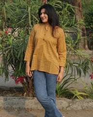 Summer wear short cotton kurta in mustard 