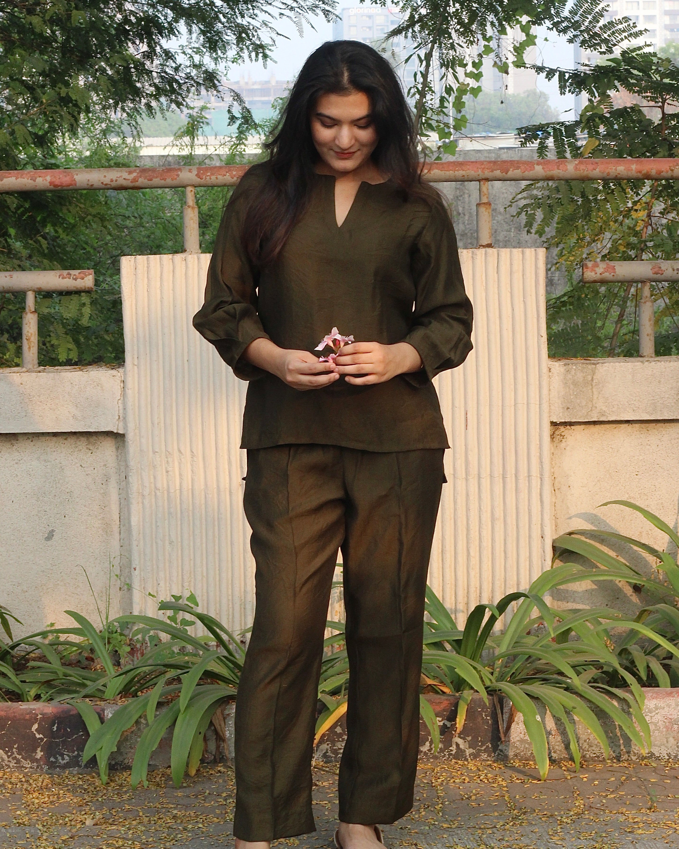 Olive Green Satin Linen Co-ord: Chic Workwear for Women