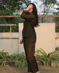 Linen blend fabric co-ord set in dark Olive green 