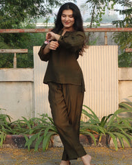 Linen blend fabric co-ord set in dark Olive green_2