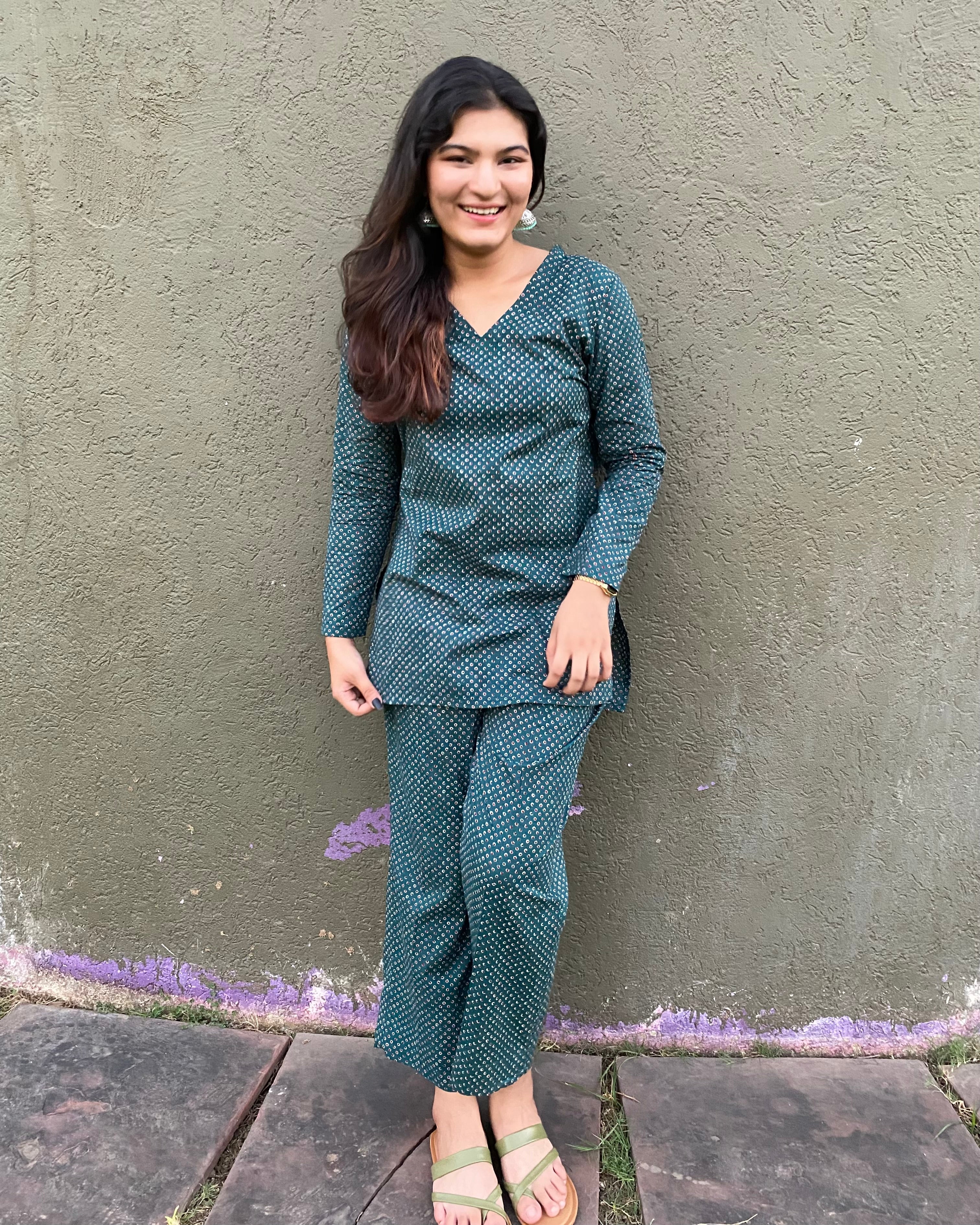 Bandhani pure cotton co-ord set in bottle green/black, featuring a V-neck top with full sleeves and matching pants, ideal for casual days or brunch