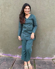 Bandhani pure cotton co-ord set in bottle green/black, featuring a V-neck top with full sleeves and matching pants, ideal for casual days or brunch