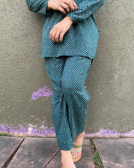 Bandhani pure cotton co-ord set in bottle green/black, featuring a V-neck top with full sleeves and matching pants, ideal for casual days or brunch