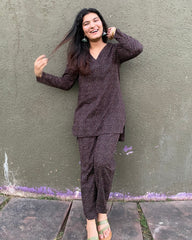 Bandhani pure cotton co-ord set in bottle green/black, featuring a V-neck top with full sleeves and matching pants, ideal for casual days or brunch