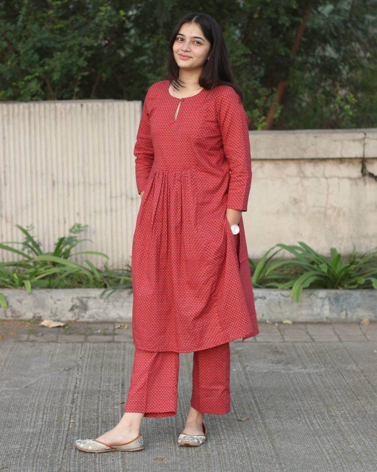 Cambric cotton Red kurta pant set