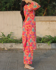Side view of Pure chinon floral co-ord in rani pink 