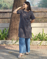 Elegant subtle blue cotton kurta with floral prints