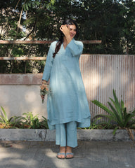 Sky blue premium linen kurta pant set