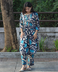 Image of Dark Blue Abstract Print Co-ord Set, featuring bold abstract print, pleated neckline top, and comfortable classic cotton fabric