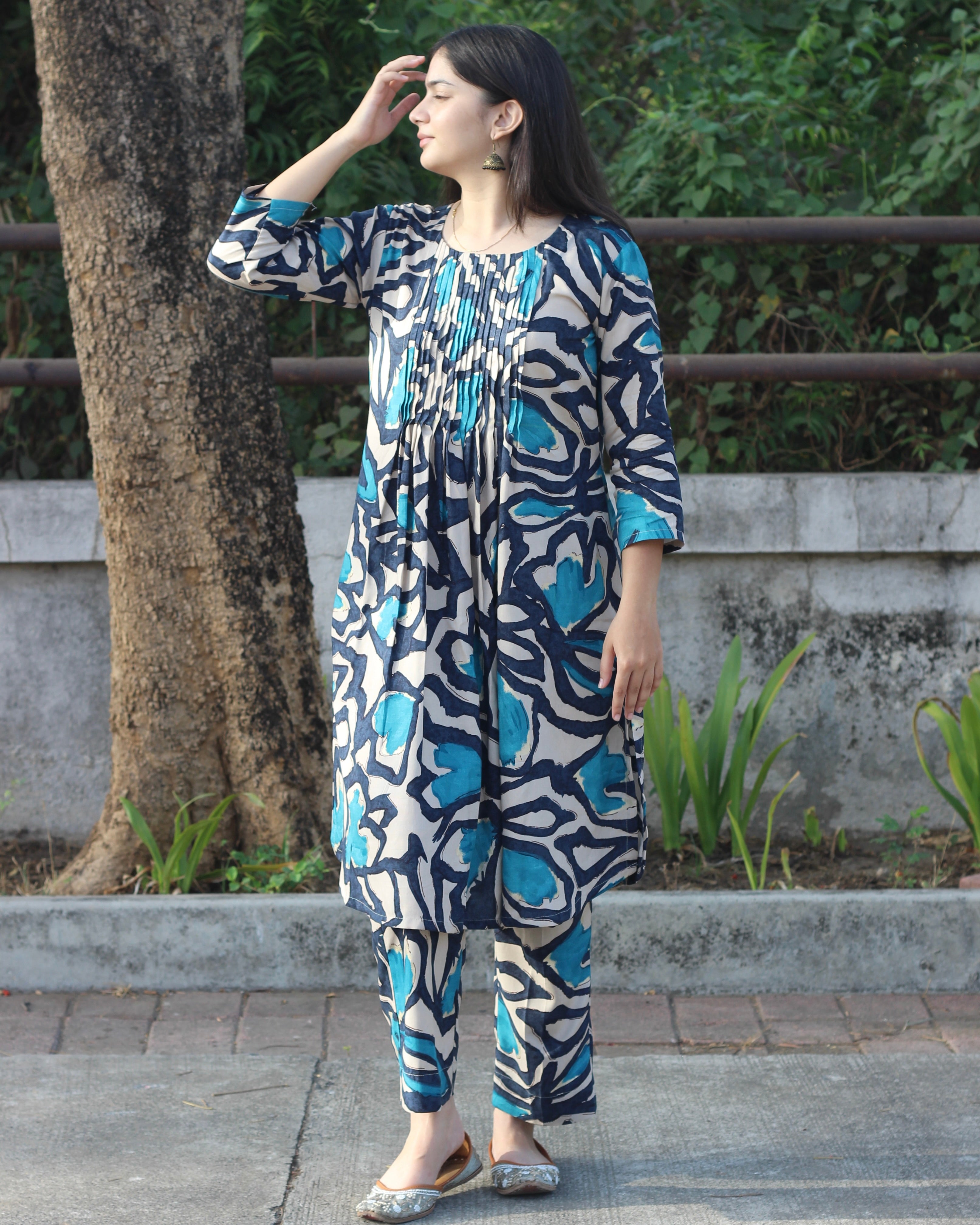 Image of Dark Blue Abstract Print Co-ord Set, featuring bold abstract print, pleated neckline top, and comfortable classic cotton fabric