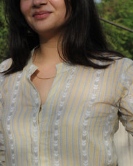 Image of Stripes Mul Cotton Long Kurta in subtle yellow, white, and grey stripes, featuring full sleeves, Chinese collar neck, and side cuts