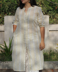 Image of Stripes Mul Cotton Long Kurta in subtle yellow, white, and grey stripes, featuring full sleeves, Chinese collar neck, and side cuts