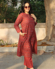 Ira red printed cambric cotton kurta set