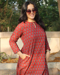 Ira red printed cambric cotton kurta set