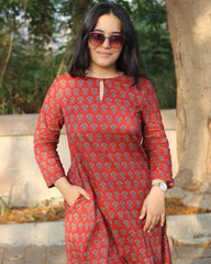 Ira red printed cambric cotton kurta set