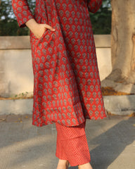 Ira red printed cambric cotton kurta set