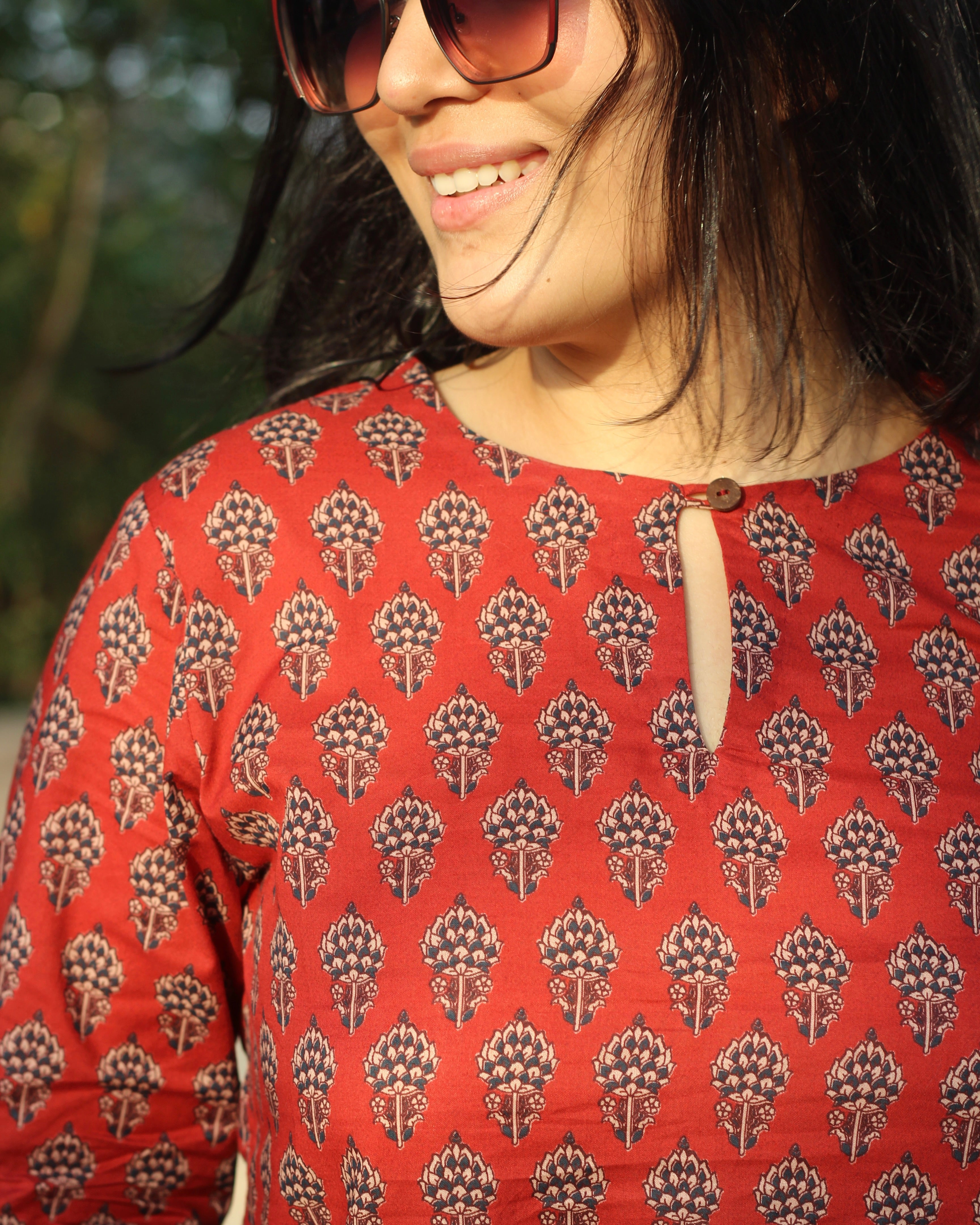Ira red printed cambric cotton kurta set