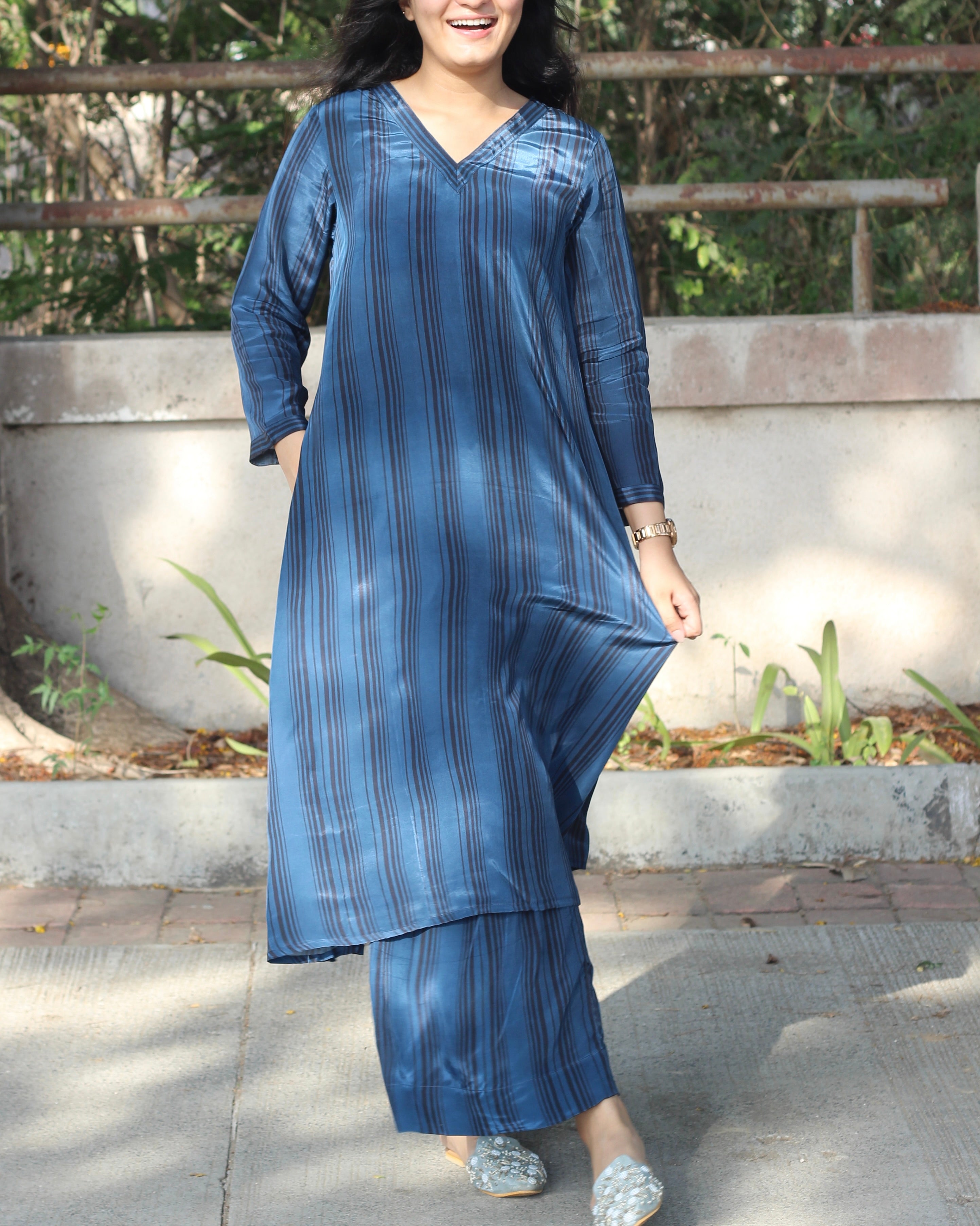 Rich Dark Blue Pure Crepe Kurta Set with V-Neck, 3/4 Sleeves, and Pockets - Available in Floral and Stripes Styles