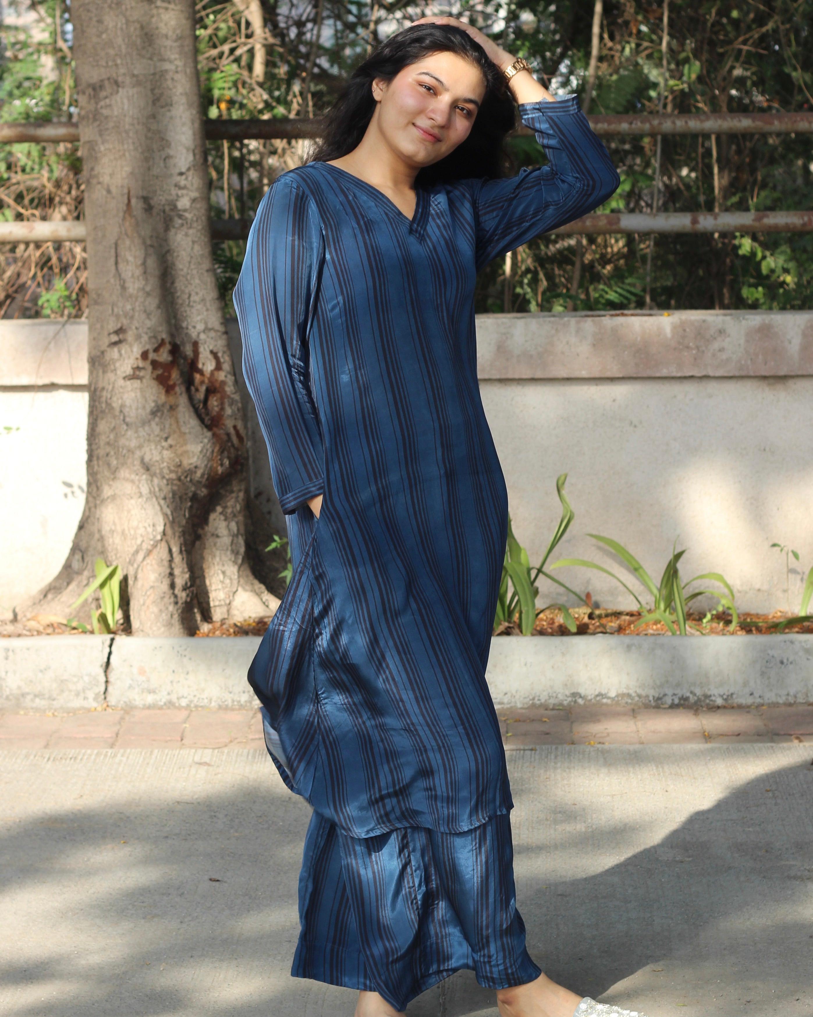 Rich Dark Blue Pure Crepe Kurta Set with V-Neck, 3/4 Sleeves, and Pockets - Available in Floral and Stripes Styles